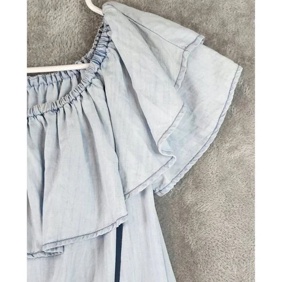 Sneak Peak Dress Womens Small Light Blue Chambray Off the Shoulder Casual Mini - Picture 8 of 11